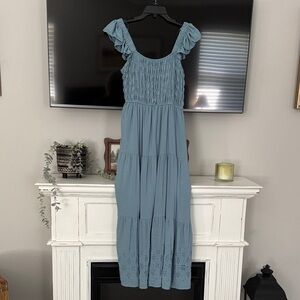 Smocked Ruffle Strap Maxi Dress in Dusty Blue